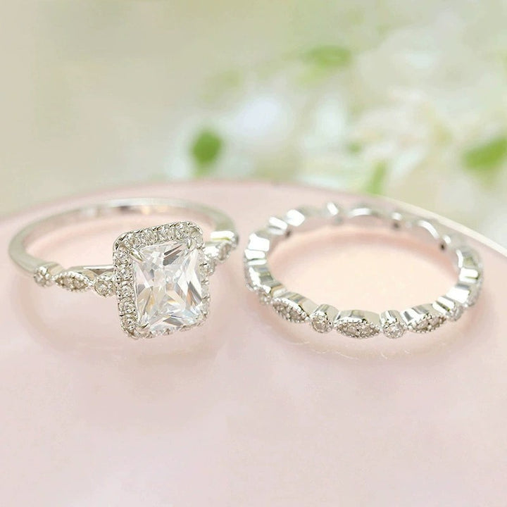 「Vintage Emerald Cut」18K Gold/Platinum Stackable Bridal Ring Set
