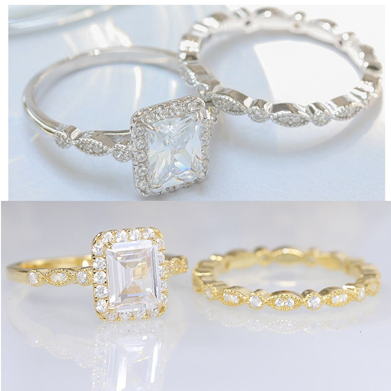 「Vintage Emerald Cut」18K Gold/Platinum Stackable Bridal Ring Set