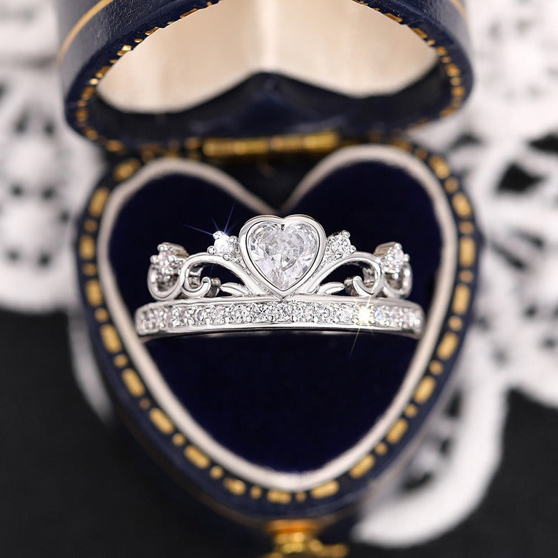 S925 Sterling Silver Heart Crown Ring