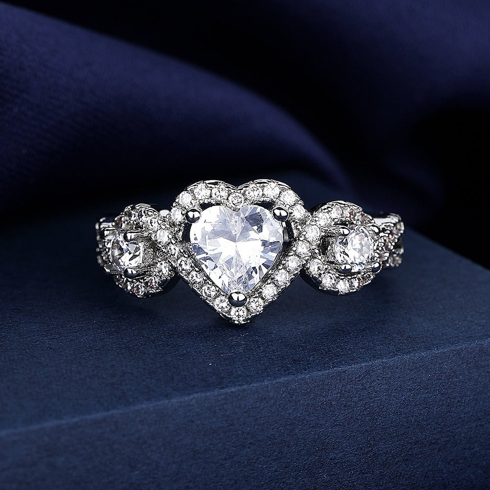 S925 Sterling Silver Three-Stone Halo Heart Ring