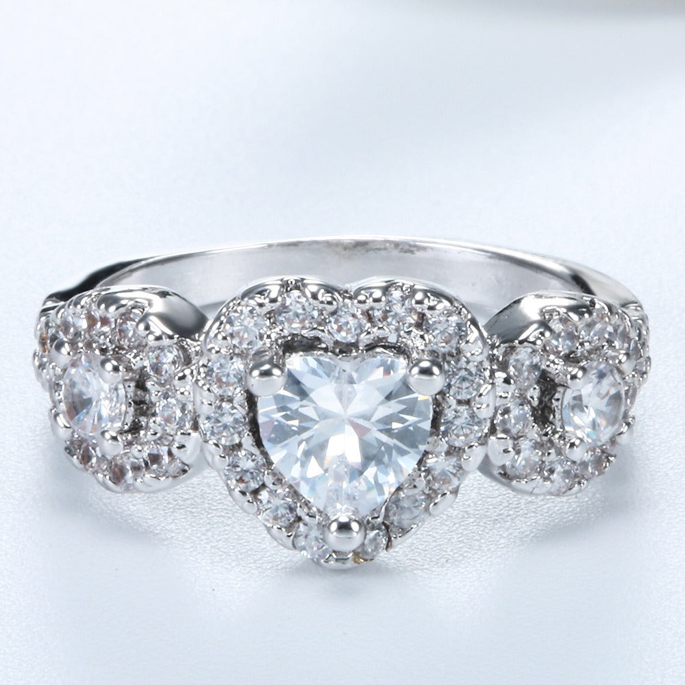S925 Sterling Silver Three-Stone Halo Heart Ring