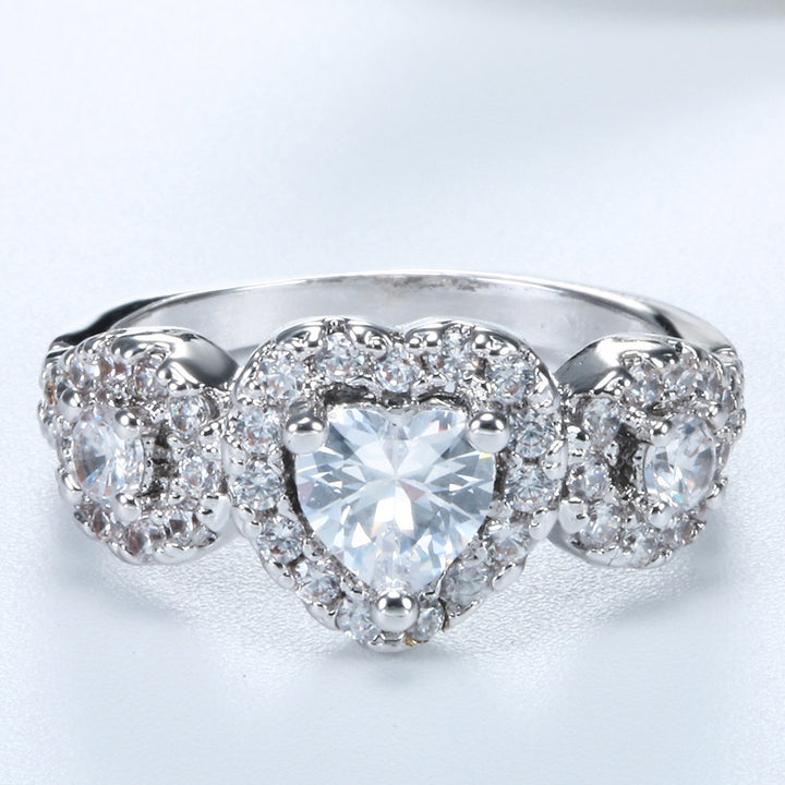 S925 Sterling Silver Three-Stone Halo Heart Ring