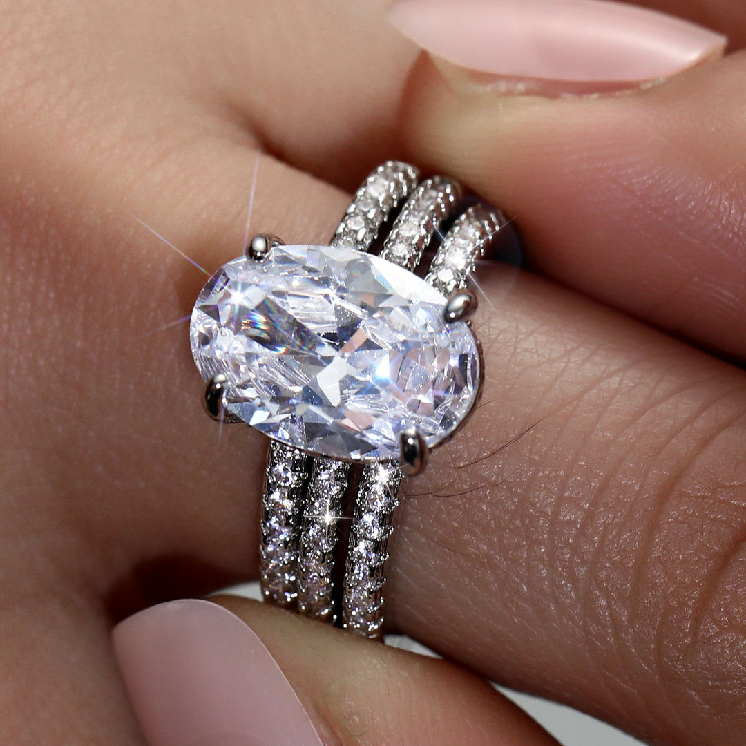 Starburst Oval S925 Sterling Silver Faux Stackable Three-Row Ring