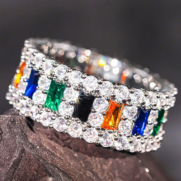Double-Row Gemstone Pavé Wide Band Ring