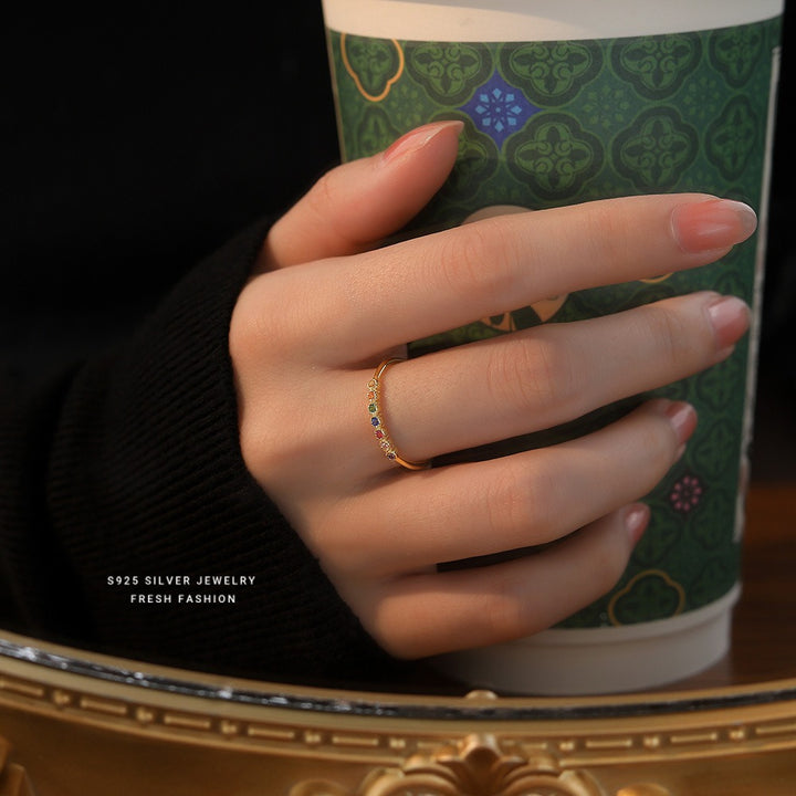 Rainbow Glimmer S925 Sterling Silver Minimalist Rainbow Band Ring
