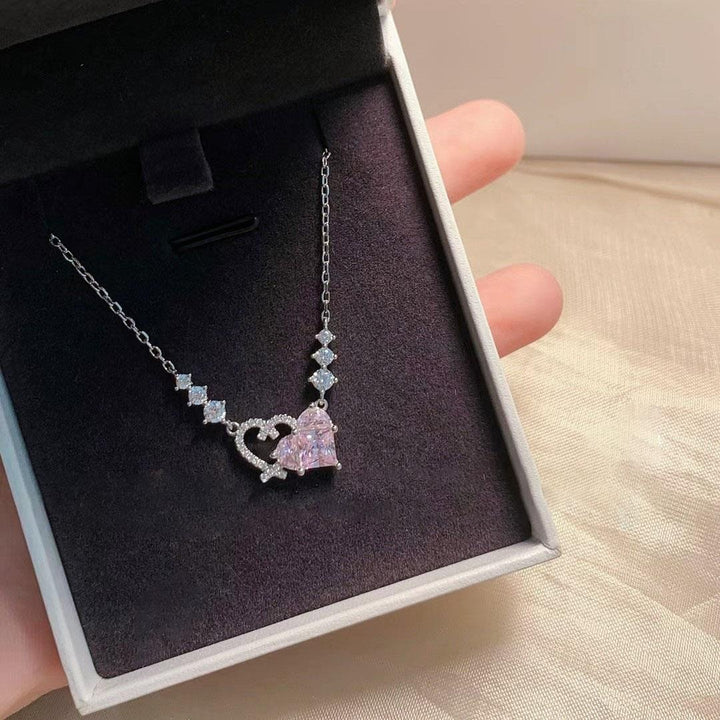 S925 Sterling Silver Double Heart Pink Diamond Choker