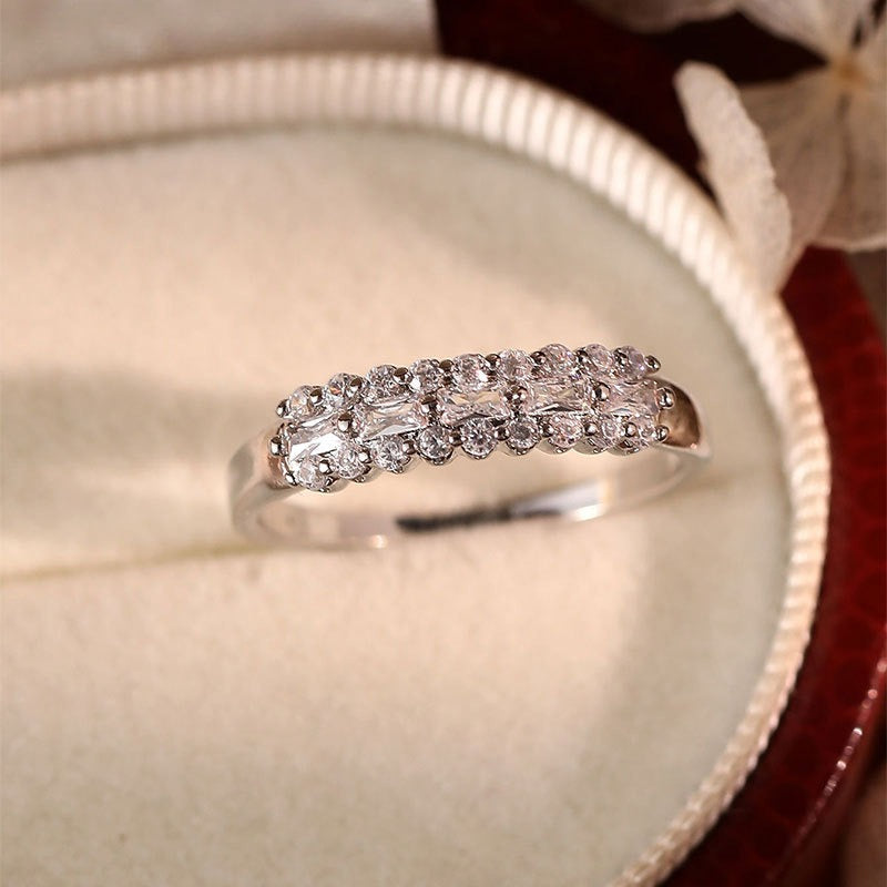 S925 Sterling Silver Platinum Plated Diamond Cluster Three-Row Band Ring