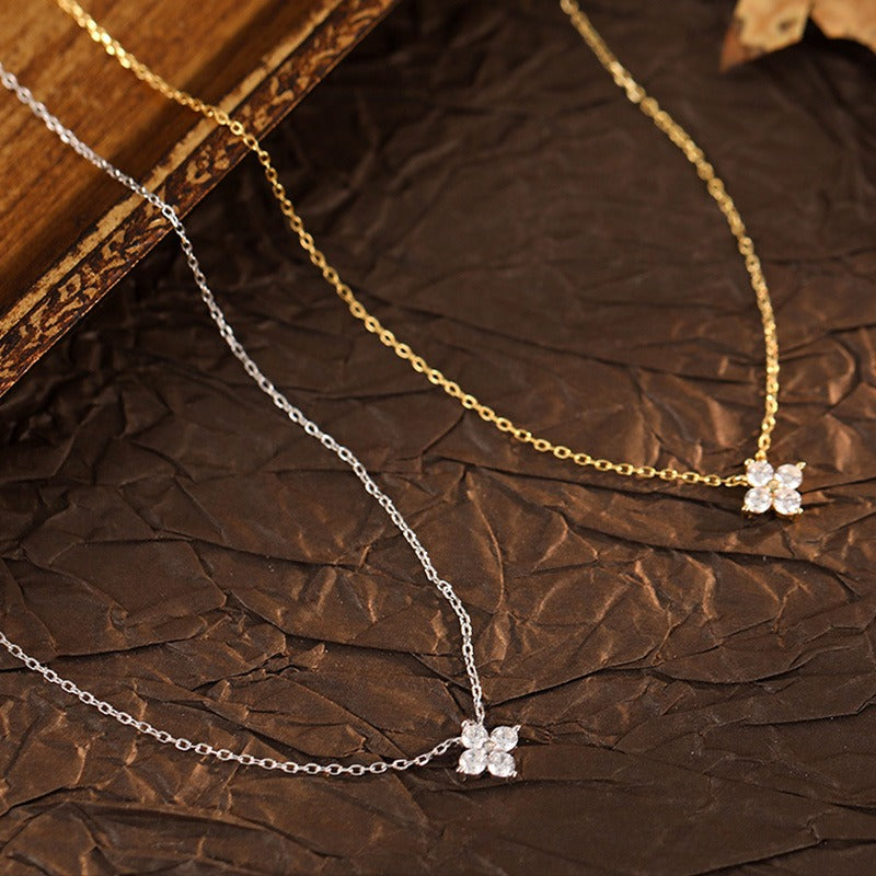 Lucky Four-Leaf Clover S925 Silver 14K Gold-Plated Mini Clavicle Necklace