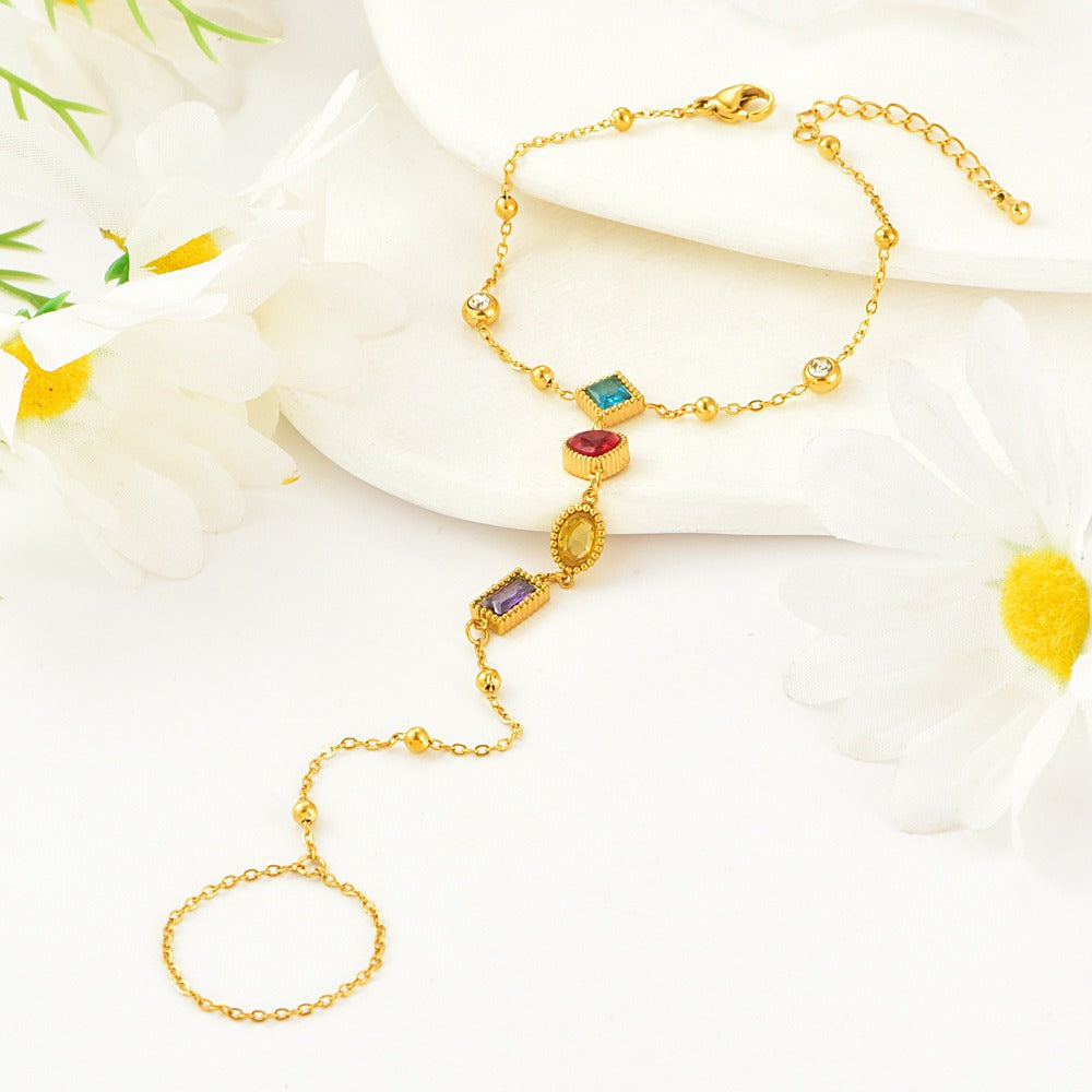 18K Gold Plated Rainbow Gemstone Hand Chain with Finger Ring