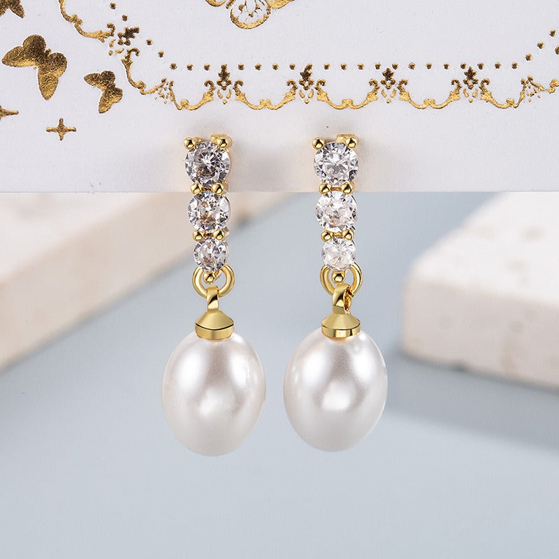 18K Gold Plated Dewdrop Gradient CZ Freshwater Pearl Drop Earrings