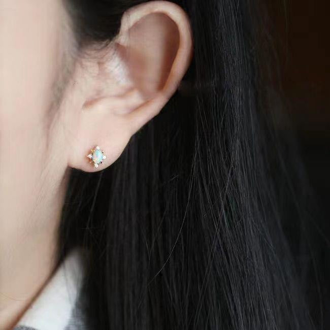 18K Gold Plated Dainty Starburst Opal Stud Earrings