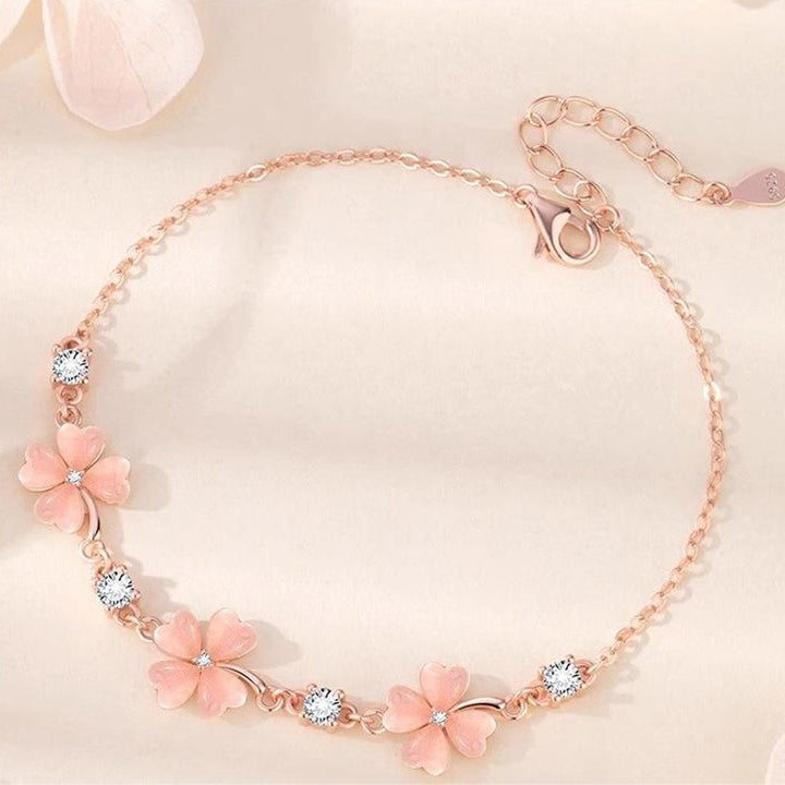 18K Rose Gold Plated Pink Enamel Four Leaf Clover Bracelet