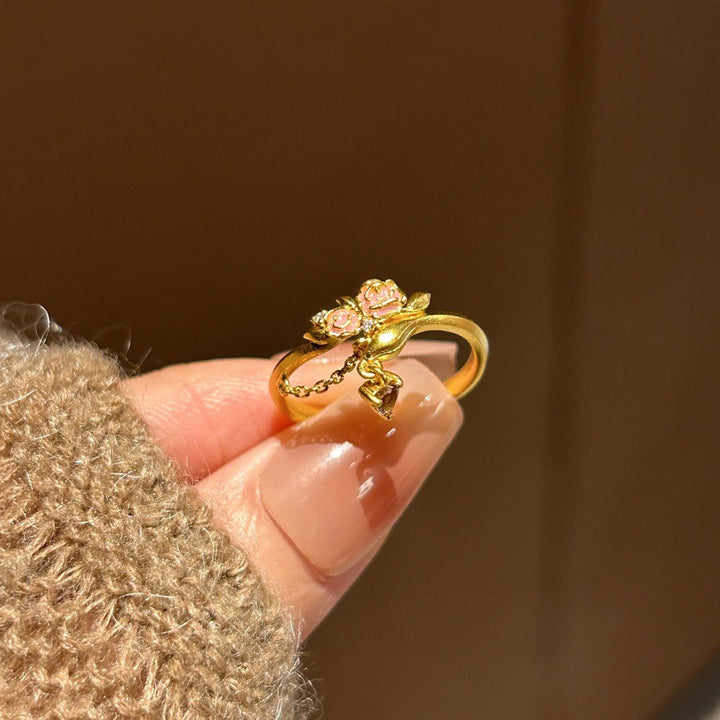 Rose Whispers Enamel Pink Rose Heart Charm Adjustable Ring