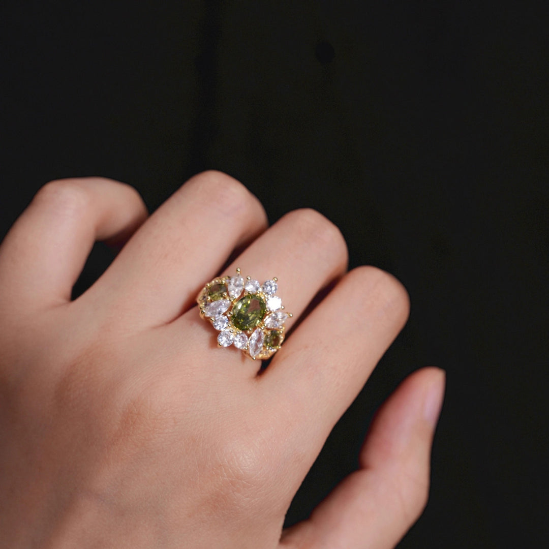 18K Gold Plated Olive Green Gemstone Ring Set of 2