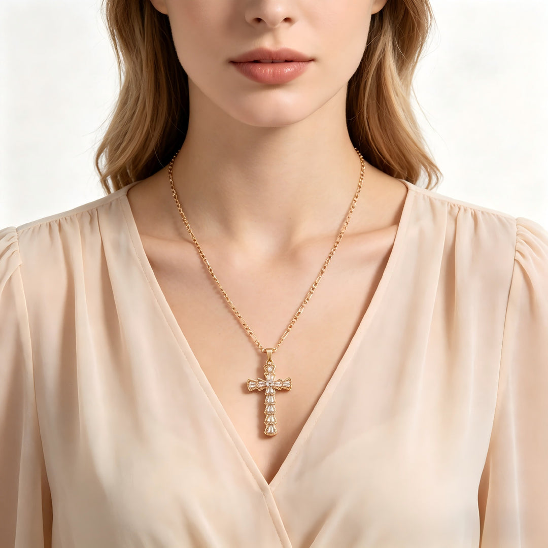 18K Gold / White Gold Baguette Cut CZ Cross Necklace
