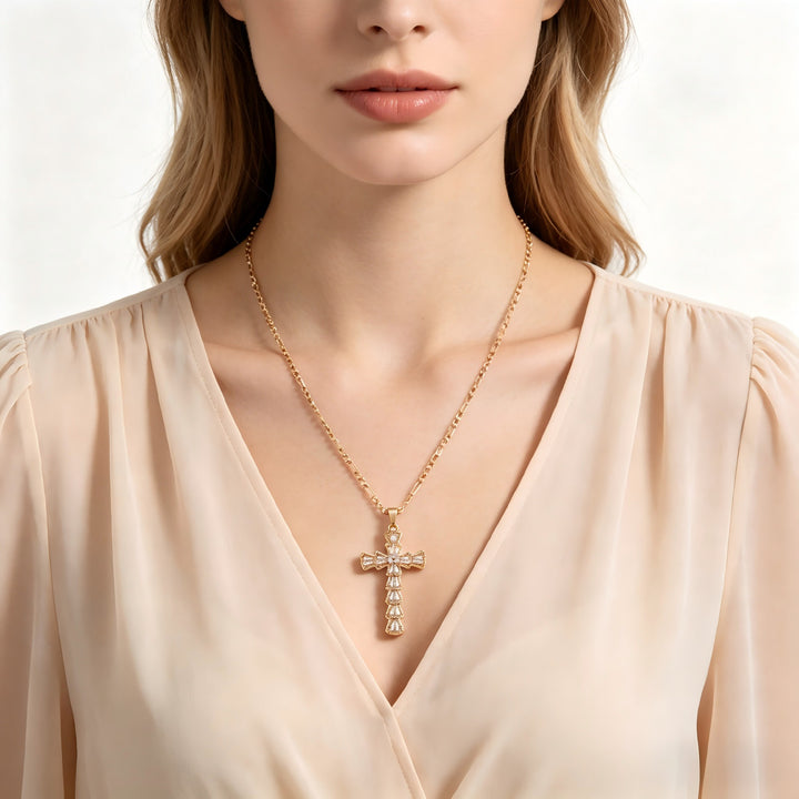 18K Gold / White Gold Baguette Cut CZ Cross Necklace