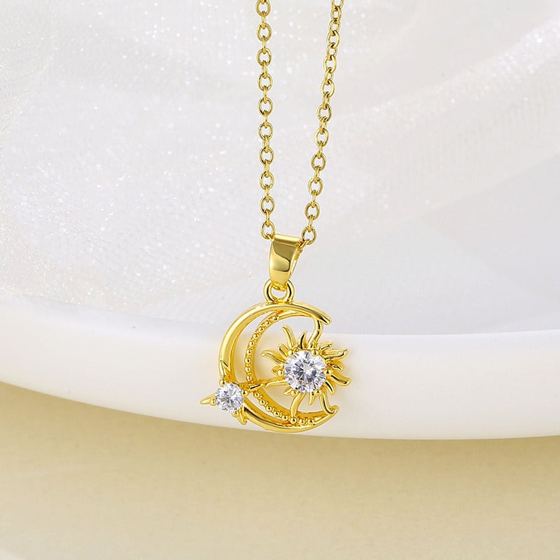 18K Gold Plated Sun Moon CZ Collarbone Necklace