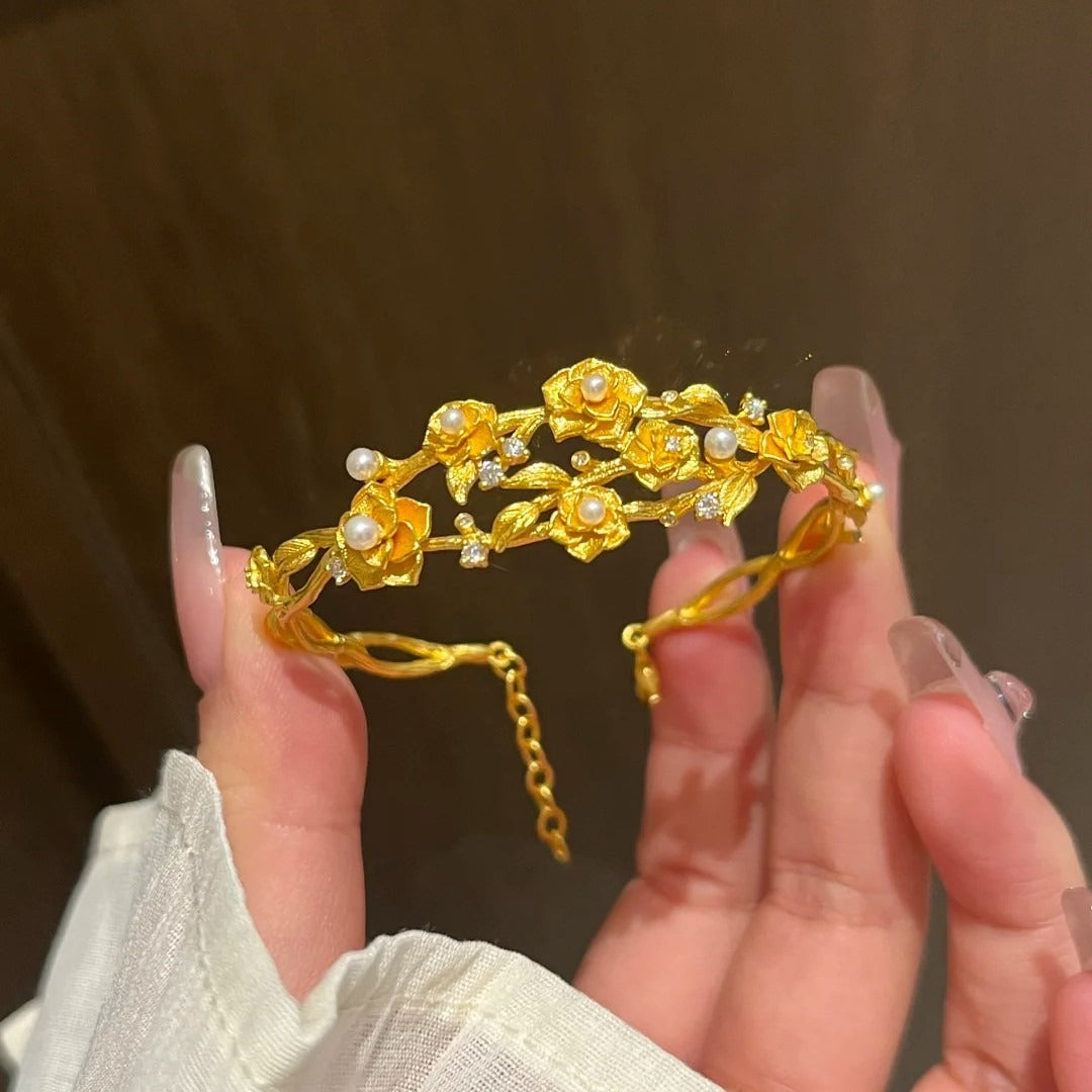 24K Gold Plated Vintage Embossed Rose Bracelet Collection