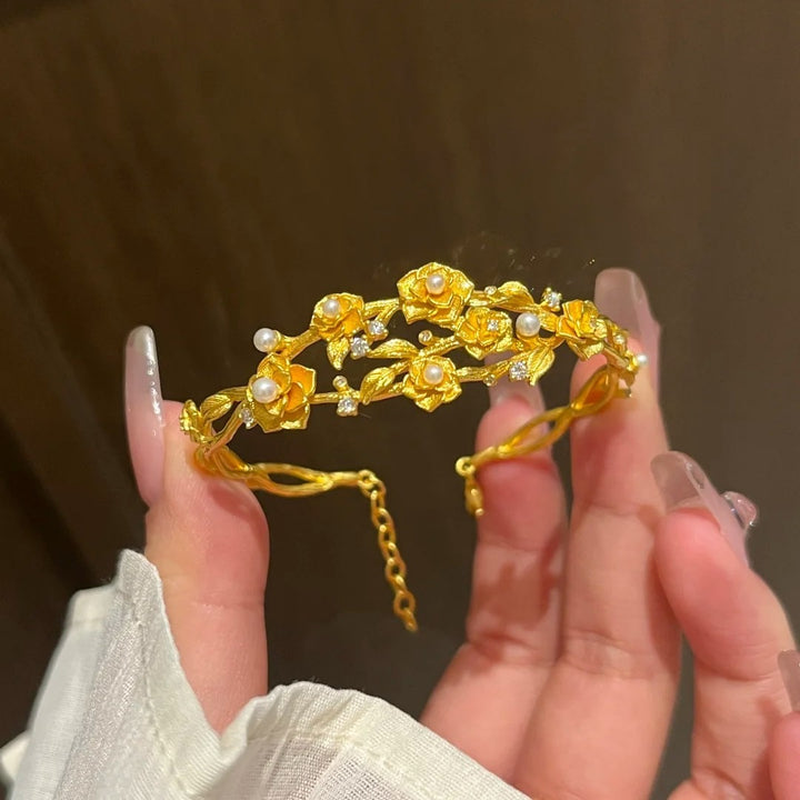 24K Gold Plated Vintage Embossed Rose Bracelet Collection