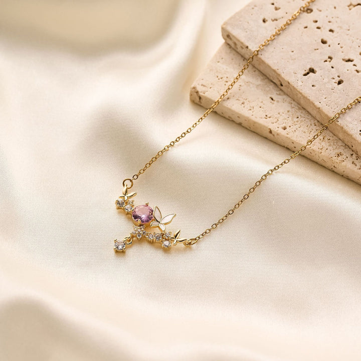 18K Gold / White Gold Pink CZ Butterfly Smile Necklace
