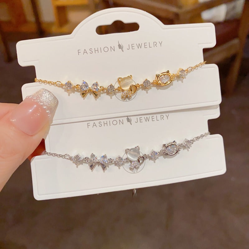 18K Thick Gold Plated Cat & Bow Cat's Eye Bracelet