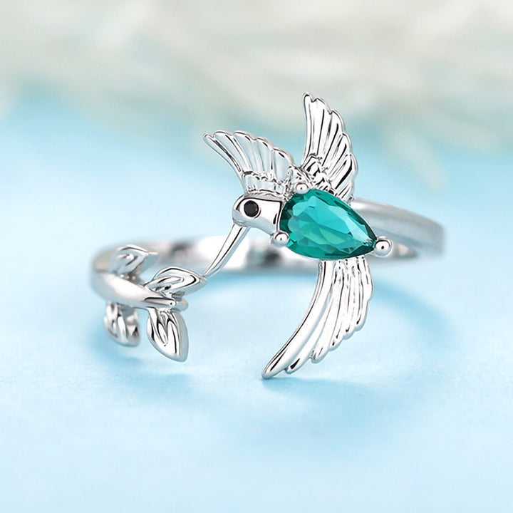 Sterling Silver Emerald Hummingbird Adjustable Ring