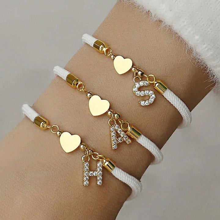 Dainty Crystal Initial Heart Charm Adjustable Cord Bracelet