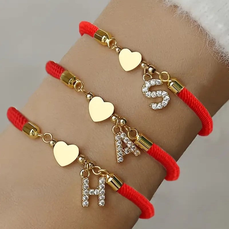 Dainty Crystal Initial Heart Charm Adjustable Cord Bracelet