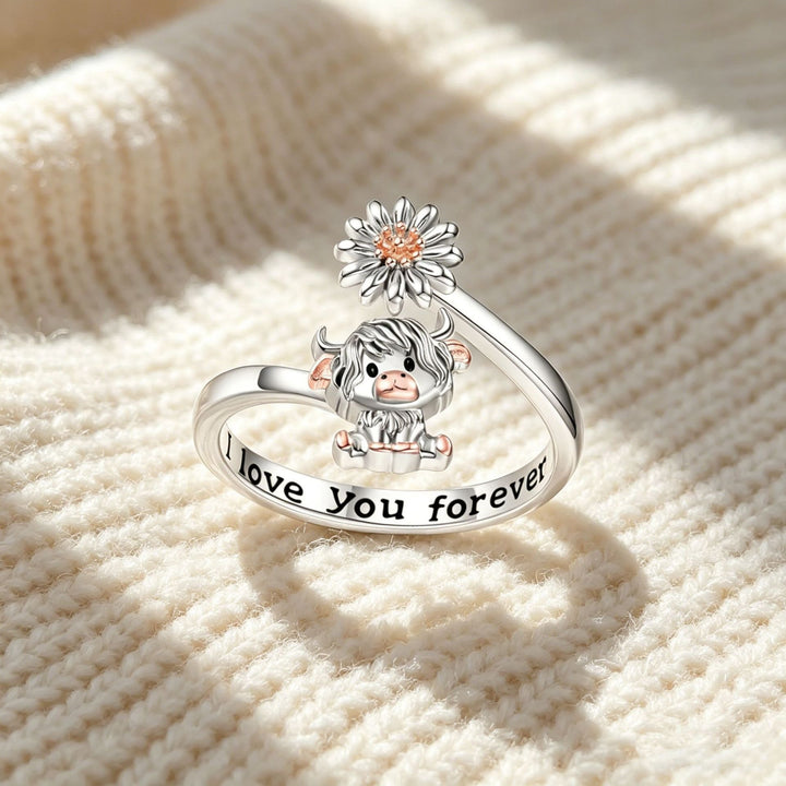 Two-Tone Scottish Highland Cow Daisy Adjustable Open Ring