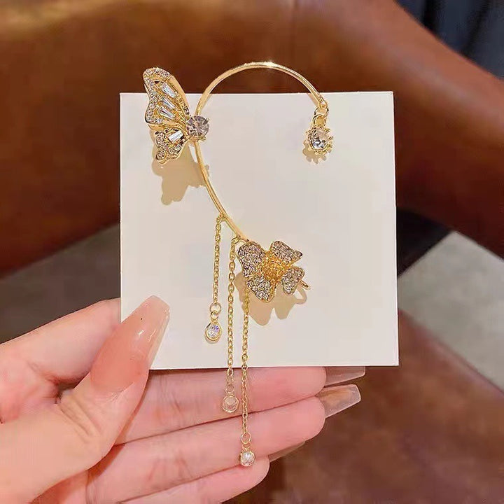 S925 Sterling Silver Butterfly Flower CZ Tassel Ear Climber Cuff