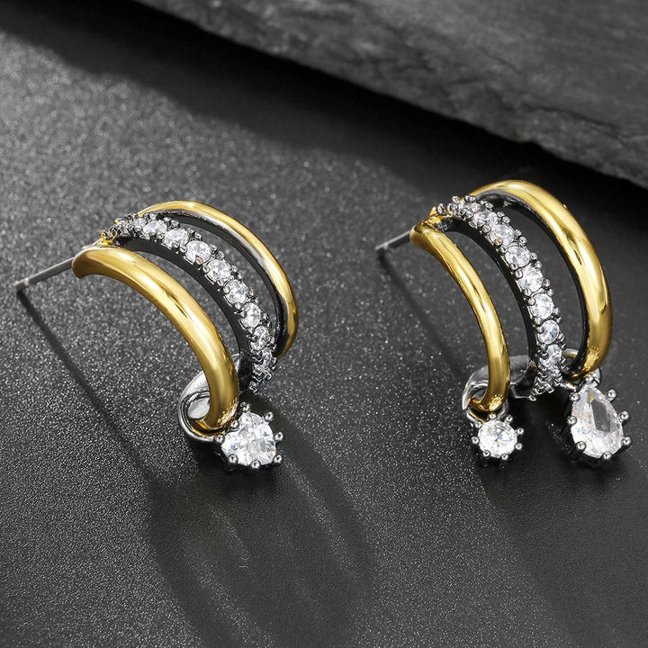 Two-Tone Triple Layer C-Hoop Earrings with Moissanite Drops