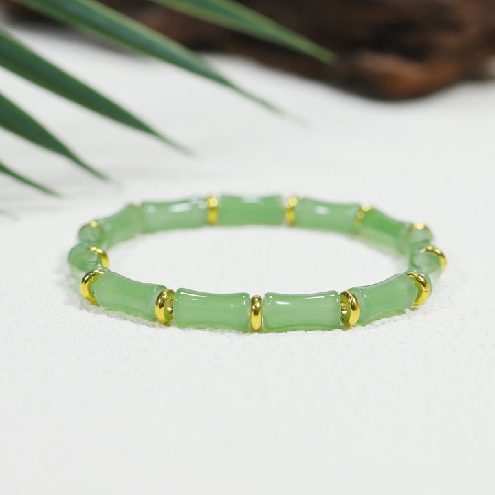 14K Gold Plated Green Aventurine Bamboo Wealth Stretch Bracelet