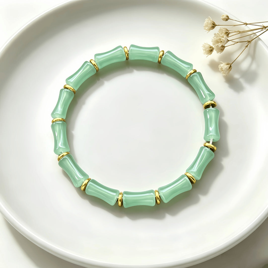 14K Gold Plated Green Aventurine Bamboo Wealth Stretch Bracelet