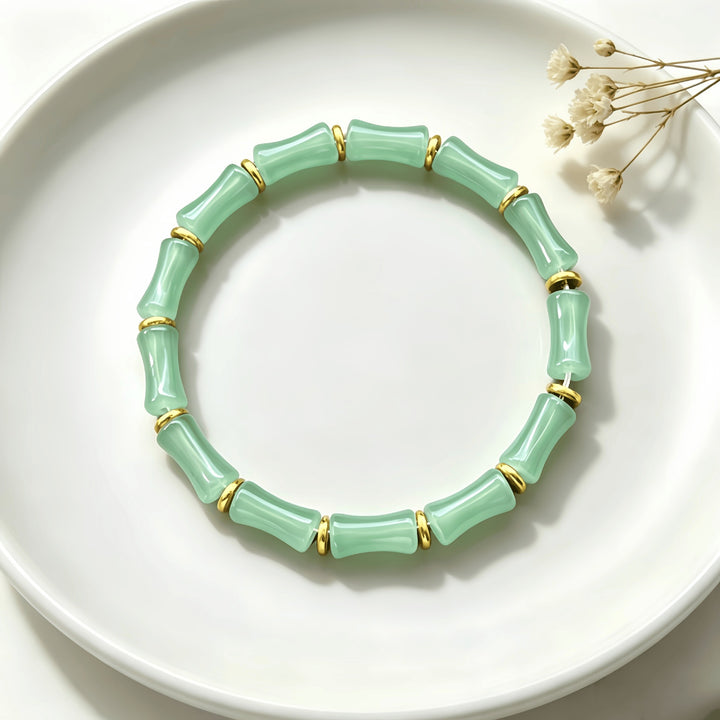 14K Gold Plated Green Aventurine Bamboo Wealth Stretch Bracelet