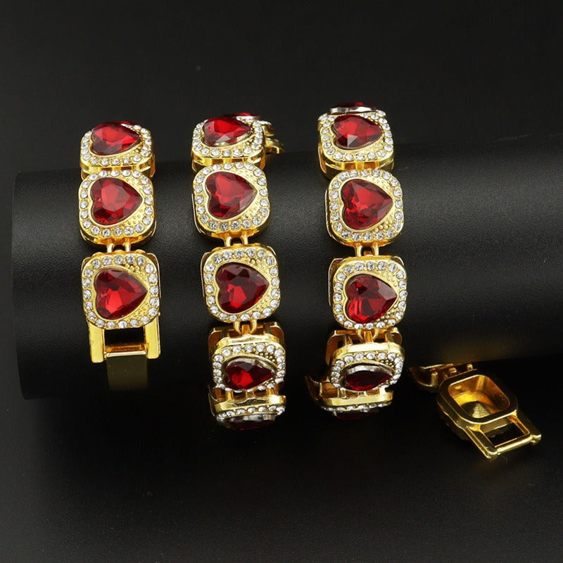 14K Gold / Silver Red Heart Halo Tennis Bracelet