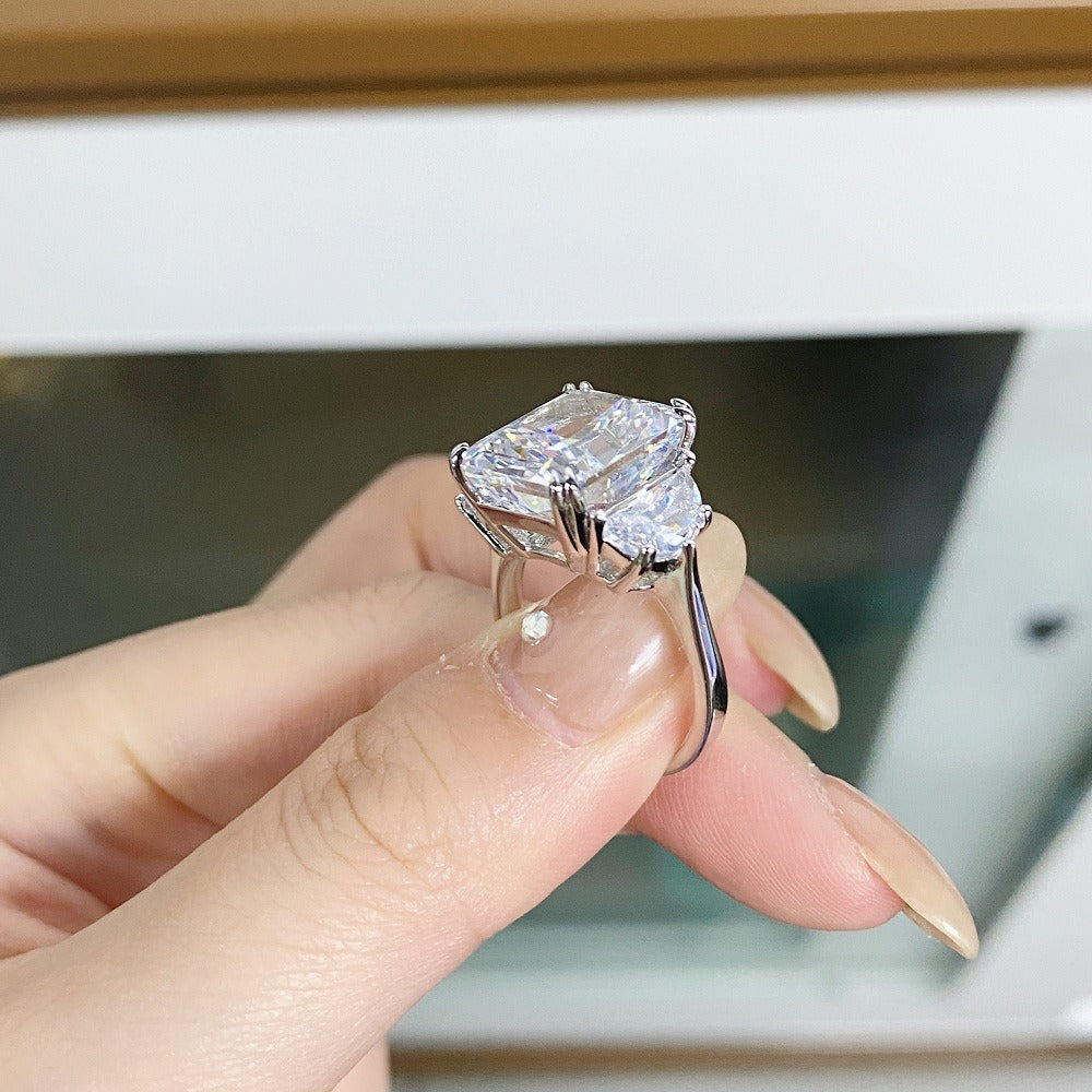 S925 Sterling Silver Radiant Cut Three Stone Ring, Cushion Simulated Diamond Statement Ring