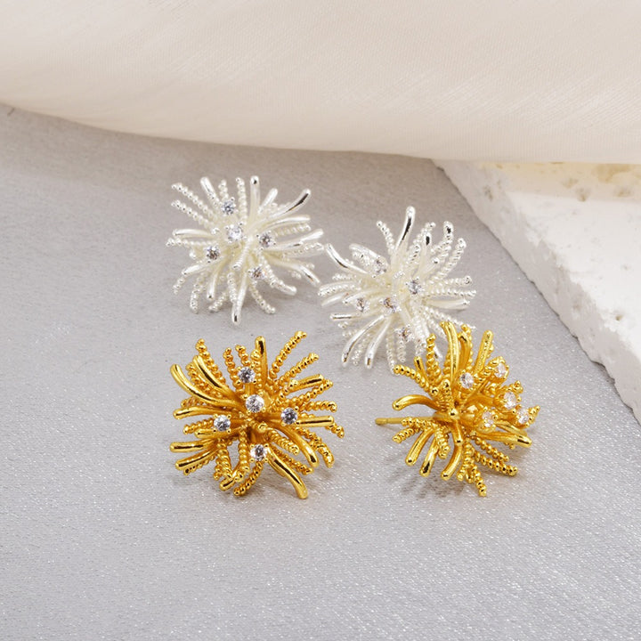 S925 Sterling Silver 14K Gold Plated 3D Firework Coral Stud Earrings
