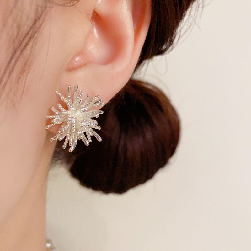 S925 Sterling Silver 14K Gold Plated 3D Firework Coral Stud Earrings
