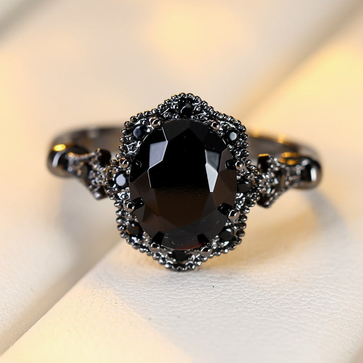 S925 Sterling Silver Black Rhodium Plated Oval Obsidian Gothic Ring