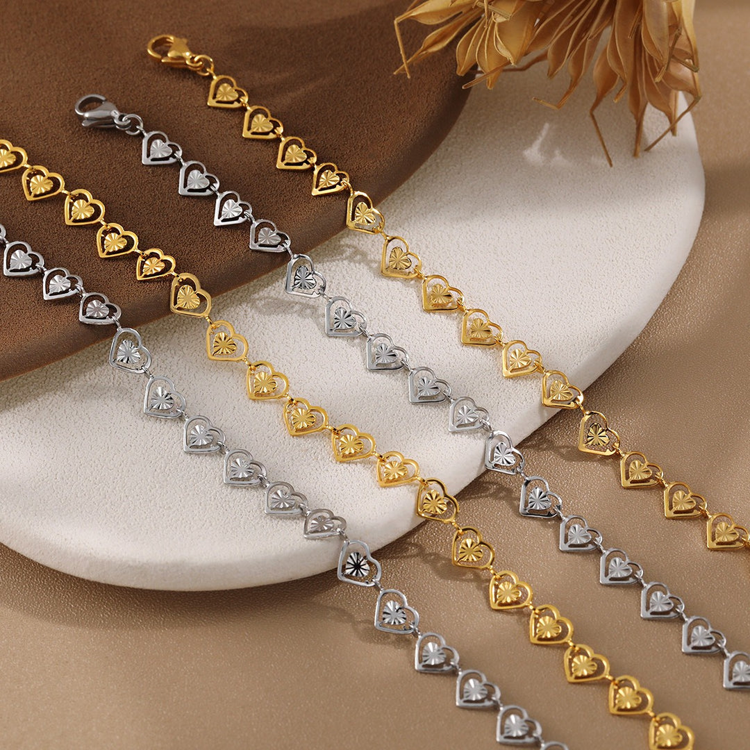 18K Gold Plated Hollow Heart Chain Collection Necklace Bracelet Set