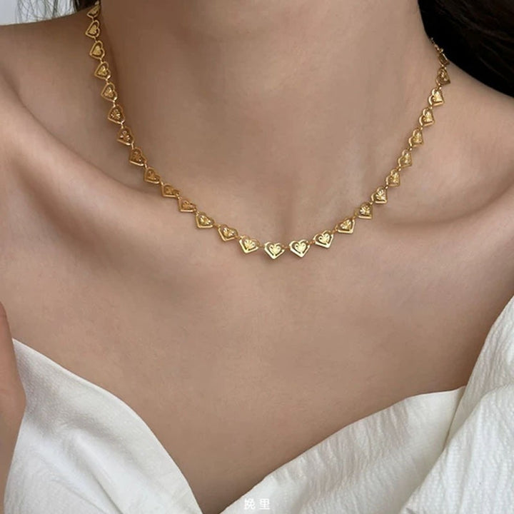 18K Gold Plated Hollow Heart Chain Collection Necklace Bracelet Set
