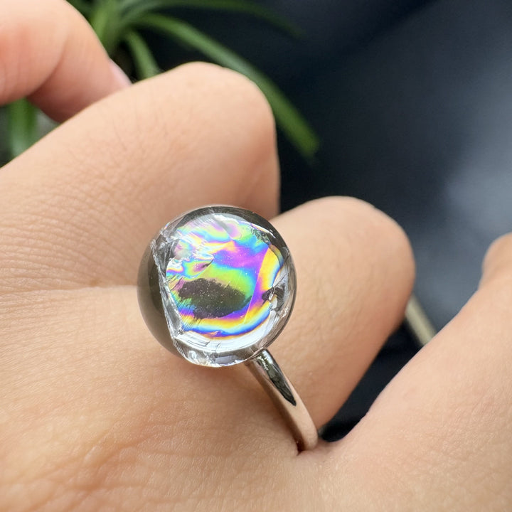 Sterling Silver Natural Rainbow Clear Quartz Sphere Ring