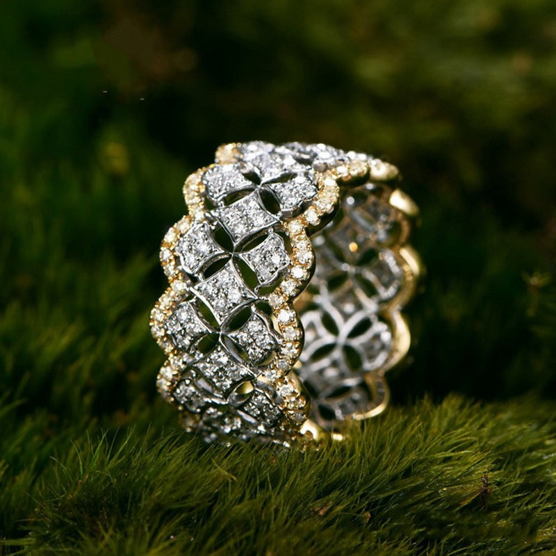 Sterling Silver Two-Tone Openwork Clover Pavé Wide Ring