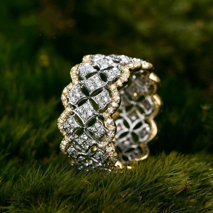 Sterling Silver Two-Tone Openwork Clover Pavé Wide Ring