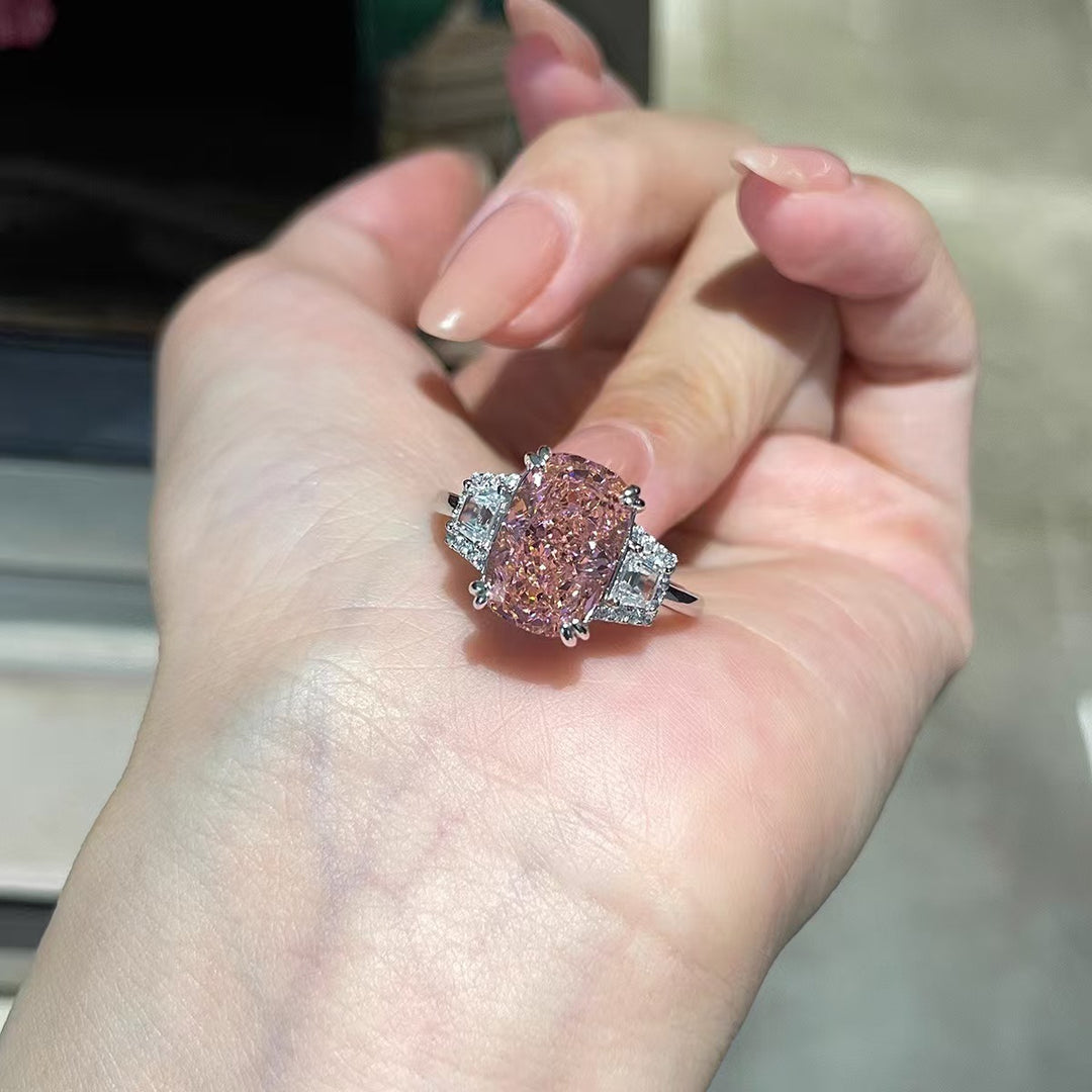 Sterling Silver Radiant Cut Padparadscha Pink Three-Stone Ring