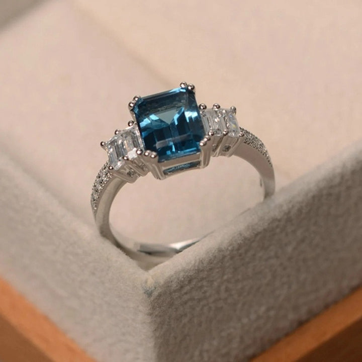 Oceanic Charm S925 Sterling Silver Emerald-Cut Blue Topaz Ring