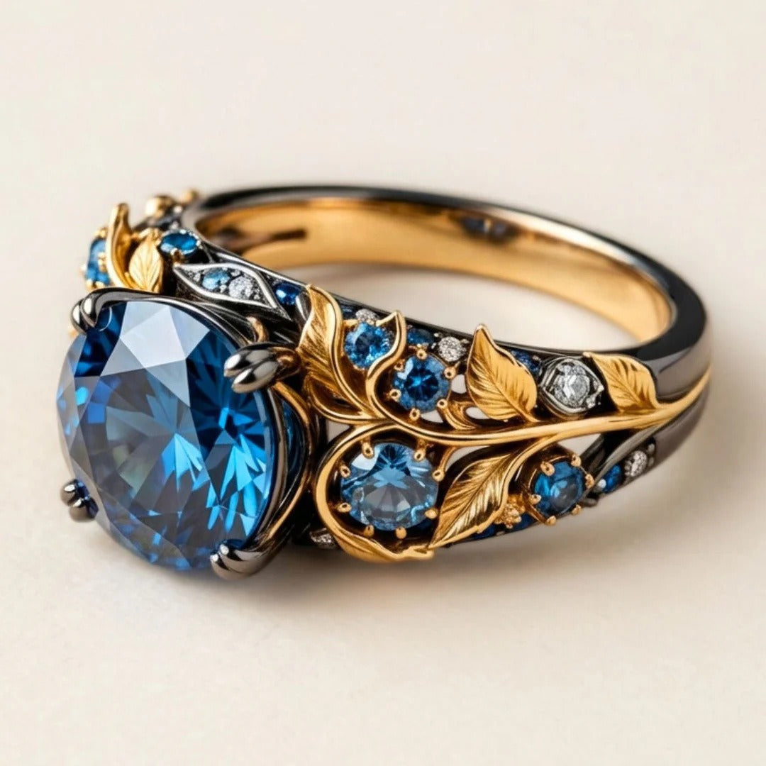 18K Gold  Dual-Tone Botanical Blue Gemstone Ring