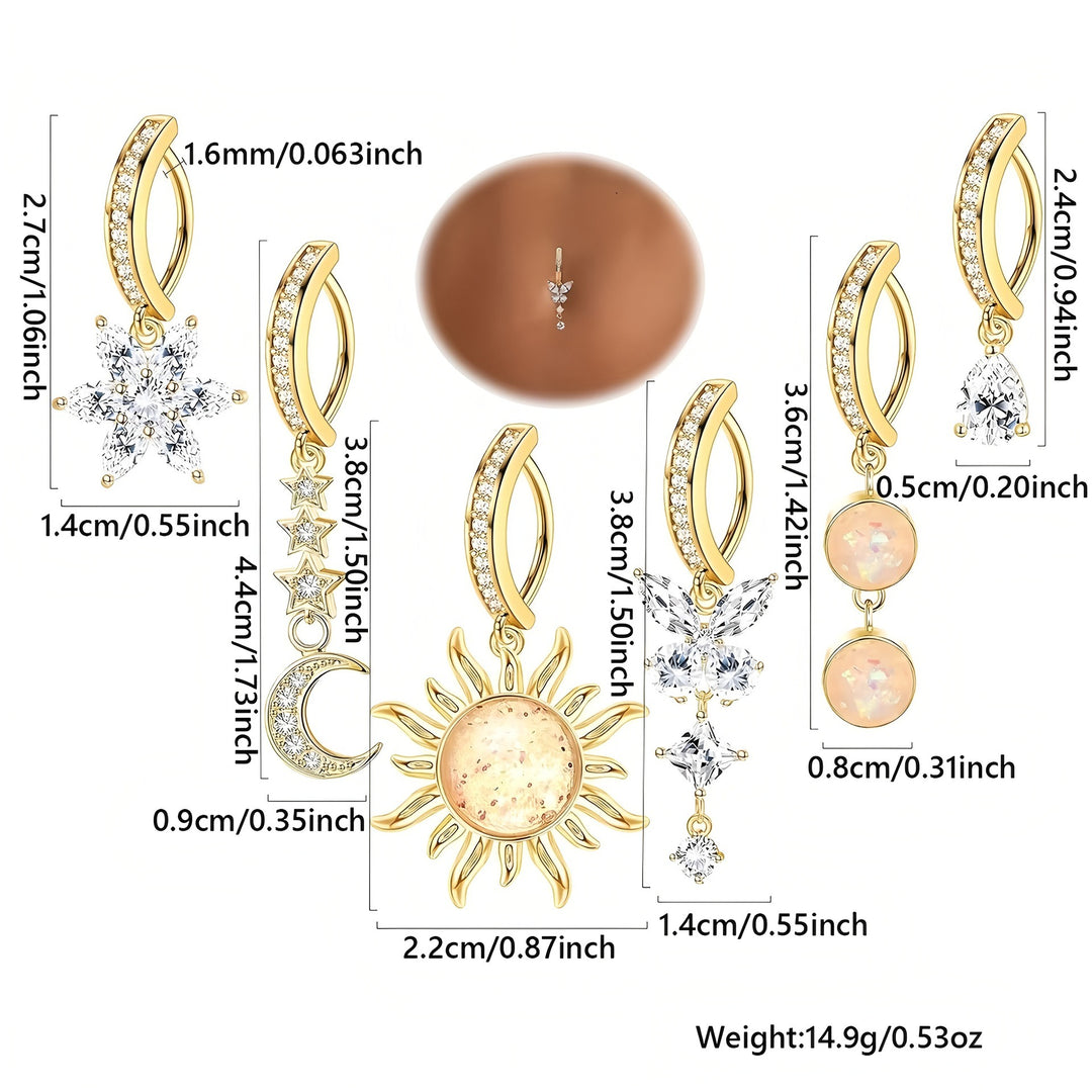 Celestial Glow 14K Gold S925 Silver Clicker Belly Button Ring Set