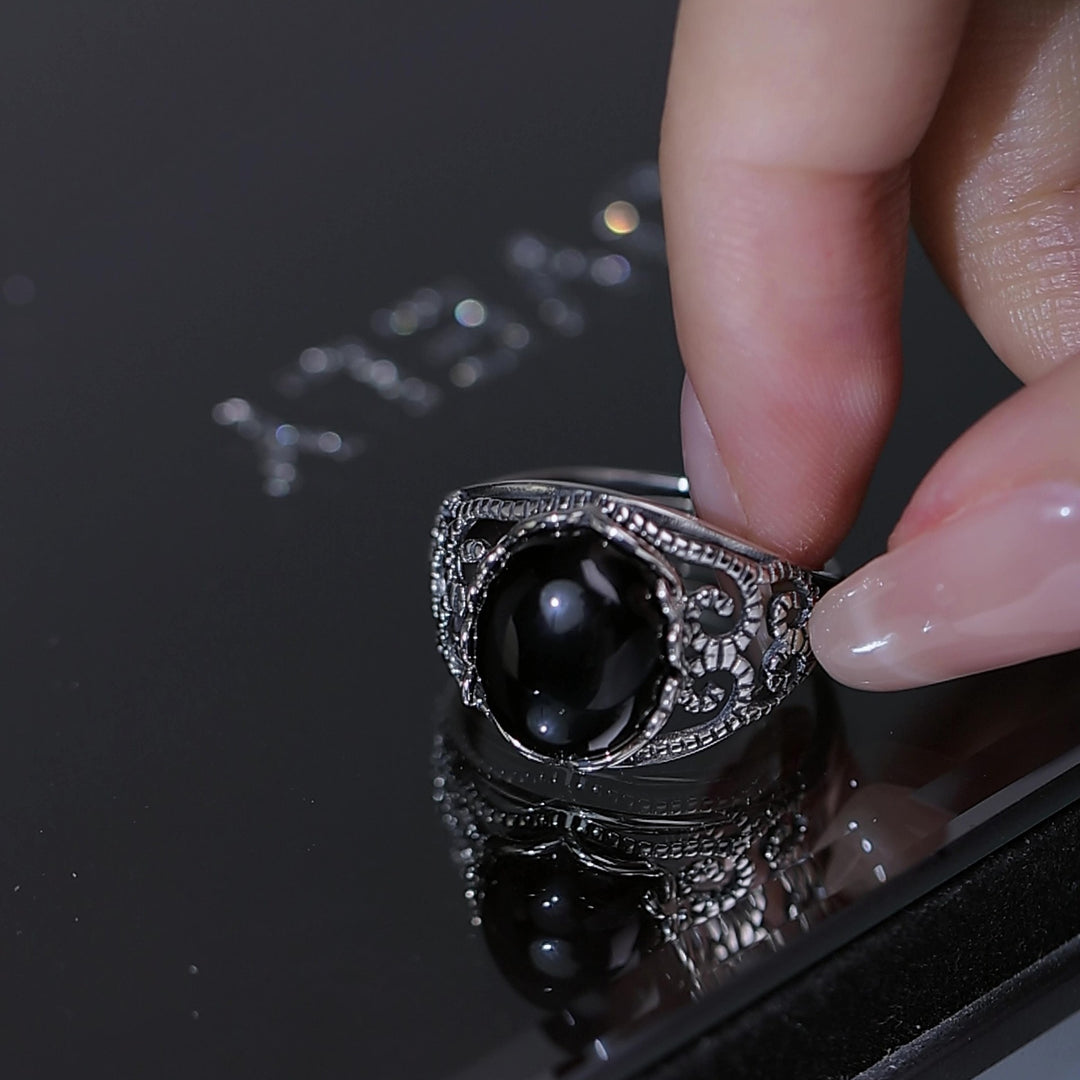 Aegis of Protection S925 Silver Vintage Filigree Obsidian Adjustable Ring