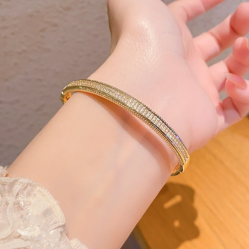 S925 Silver 14K Gold Plated Micro-Pavé Baguette Bangle
